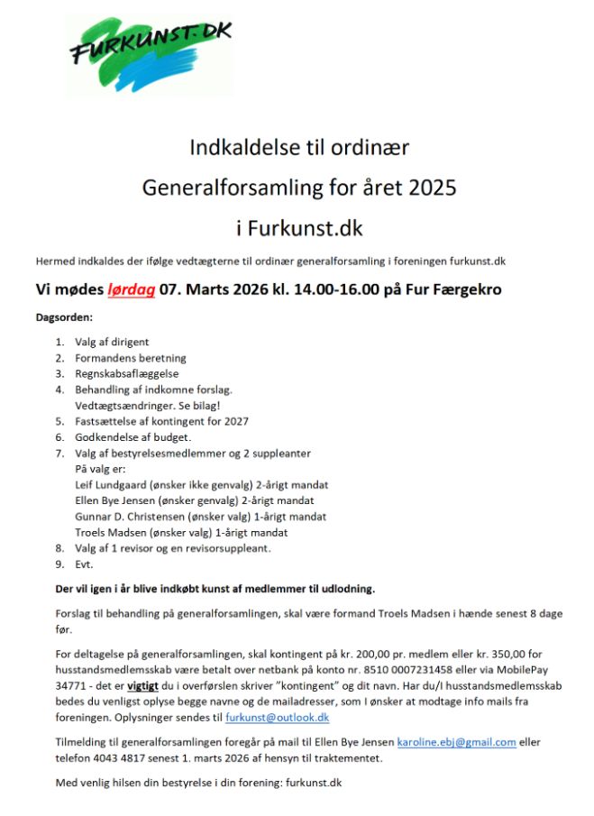 Indkaldelse til ordinær Generalforsamling for året 2025 i Furkunst.dk - lørdag 07. Marts 2026 kl. 14.00-16.00 på Fur Færgekro