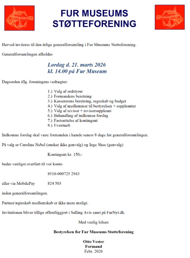 Generalforsamling i Fur Museums Støtteforening - afholdes Lørdag d. 21. marts 2026 kl. 14.00 på Fur Museum
