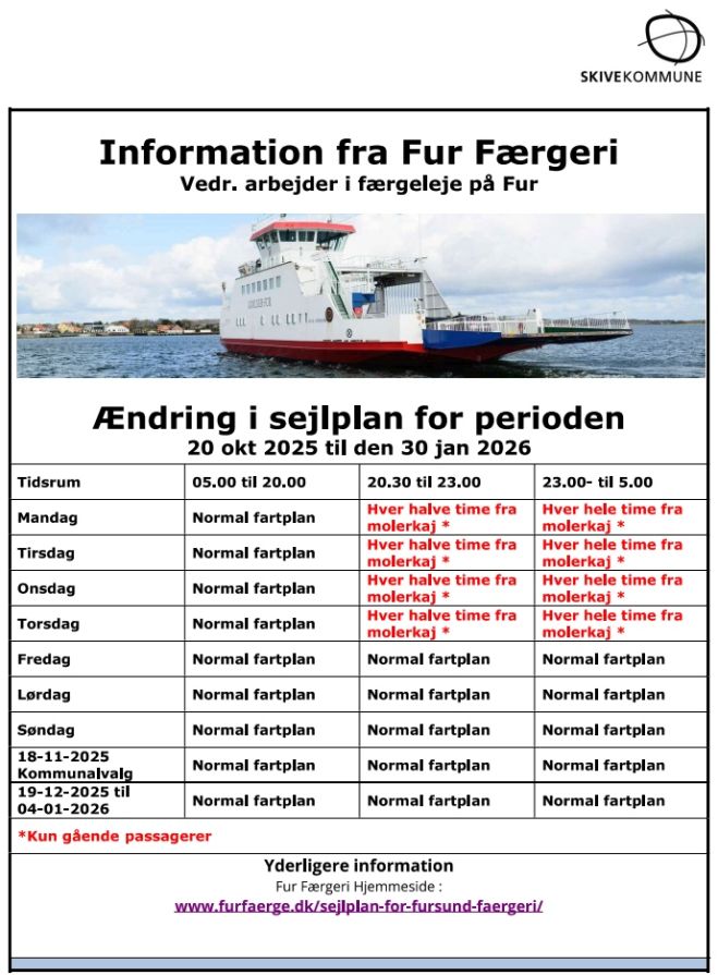 Reparation af færgelejet på Fur og ændringer i sejlplan